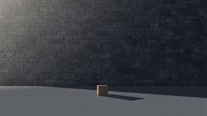 Eine gewaltige, ununterbrochene Mauer aus grossen Blöcken zieht sich durch das Bild, davor steht auf leerer Fläche ein einzelner winziger Würfel mit langem Schatten. Sinnbild für das Kräfteverhältnis zwischen der Bitcoin-Hauptkette und der BIP-110-Abspaltung.