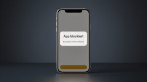 Testbild B: Ein Smartphone zeigt einen Systemdialog mit den Worten App blockiert und Entwickler nicht verifiziert.