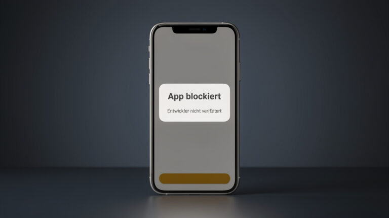Testbild B: Ein Smartphone zeigt einen Systemdialog mit den Worten App blockiert und Entwickler nicht verifiziert.