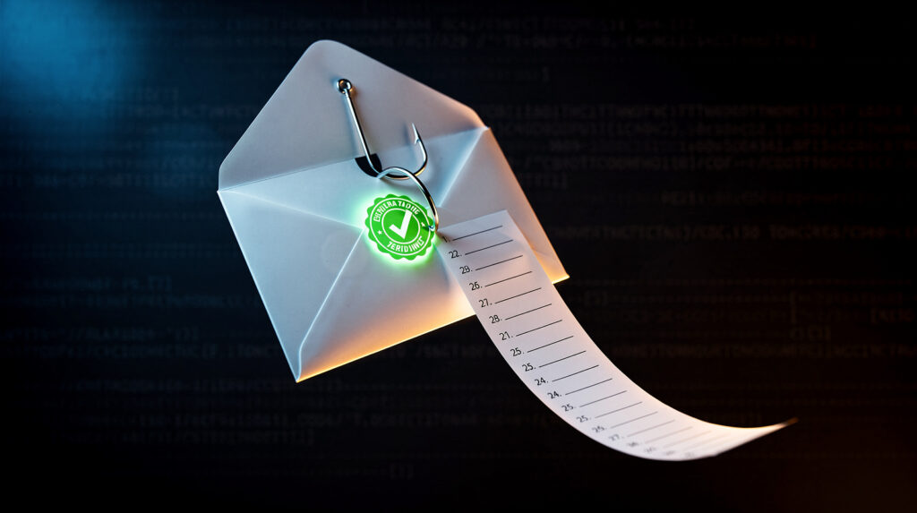 E-Mail-Umschlag mit gruenem Echtheitssiegel, aus dem ein Angelhaken einen Zettel mit 24 leeren nummerierten Zeilen herauszieht