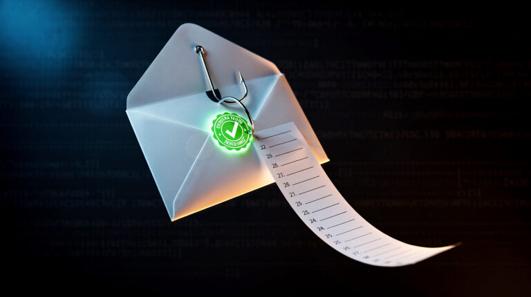 E-Mail-Umschlag mit gruenem Echtheitssiegel, aus dem ein Angelhaken einen Zettel mit 24 leeren nummerierten Zeilen herauszieht