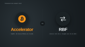 Titelbild mit zwei gegenübergestellten Wegen gegen eine festhängende Bitcoin-Transaktion: links der ViaBTC Accelerator mit dem Hinweis auf 20 Gratis-Plätze pro Stunde, rechts RBF mit dem Hinweis, dass es seit Bitcoin Core 28.0 vom 02.10.2024 Vorgabe ist.
