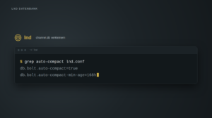 Terminalfenster mit dem Befehl grep auto-compact lnd.conf und den beiden Konfigurationszeilen db.bolt.auto-compact=true und db.bolt.auto-compact-min-age=168h, darüber der Schriftzug lnd und channel.db verkleinern