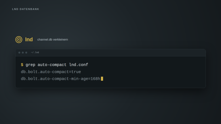 Terminalfenster mit dem Befehl grep auto-compact lnd.conf und den beiden Konfigurationszeilen db.bolt.auto-compact=true und db.bolt.auto-compact-min-age=168h, darüber der Schriftzug lnd und channel.db verkleinern