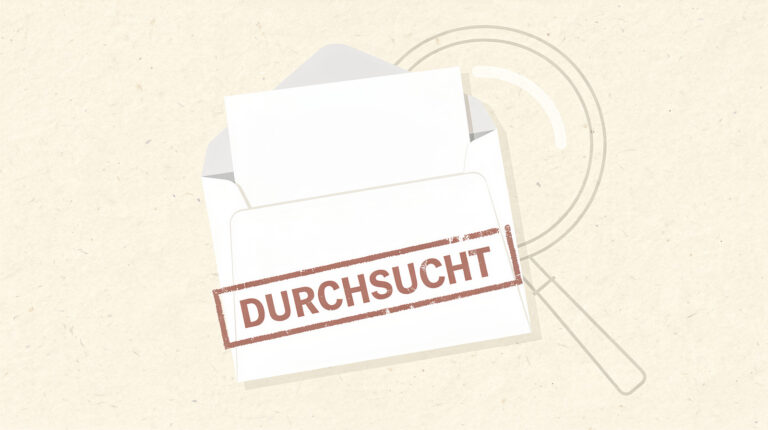 Illustration: geöffneter Briefumschlag mit halb herausgezogenem Brief und rotem Stempel «DURCHSUCHT», im Hintergrund die Umrisse einer Lupe.