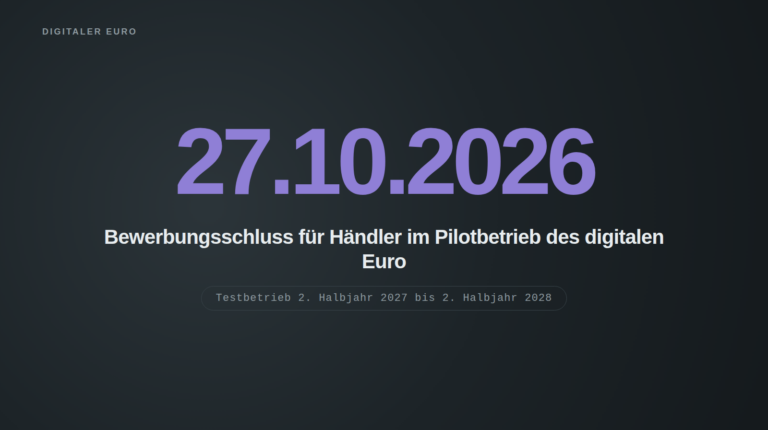 Dunkles Titelbild mit dem grossen Datum 27.10.2026 in Violett. Darunter der Text: Bewerbungsschluss für Händler im Pilotbetrieb des digitalen Euro, und der Hinweis Testbetrieb 2. Halbjahr 2027 bis 2. Halbjahr 2028.