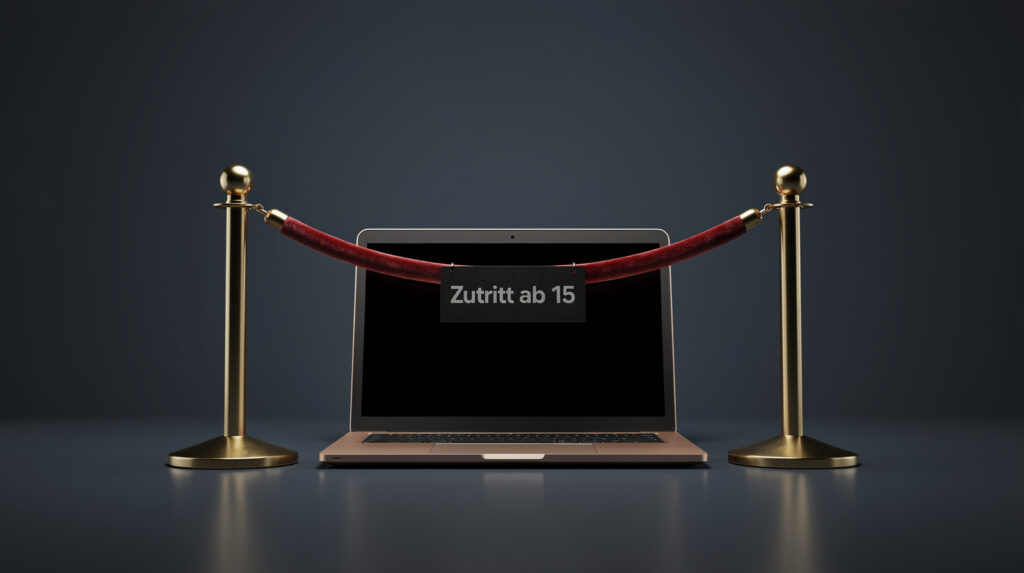 Eine rote Samtkordel an zwei Messingpfosten sperrt den Zugang zu einem aufgeklappten Laptop; an der Kordel hängt ein Schild mit der Aufschrift „Zutritt ab 15“ – Sinnbild für Alterskontrollen im Netz nach dem EU KIDS Act.
