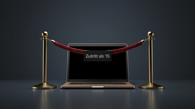Eine rote Samtkordel an zwei Messingpfosten sperrt den Zugang zu einem aufgeklappten Laptop; an der Kordel hängt ein Schild mit der Aufschrift „Zutritt ab 15“ – Sinnbild für Alterskontrollen im Netz nach dem EU KIDS Act.