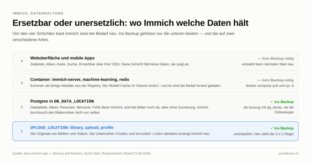 Schaubild mit vier gestapelten Schichten eines Immich-Servers. Oben die Weboberfläche und die mobilen Apps auf Port 2283, darunter die Container immich-server, machine-learning und redis, darunter die Postgres-Datenbank in DB_DATA_LOCATION, unten hervorgehoben das Verzeichnis UPLOAD_LOCATION mit library, upload und profile. Die beiden oberen Schichten sind als "kein Backup nötig" markiert, die beiden unteren als "ins Backup" — die Datenbank als Auszug mit pg_dump und nie als Ordnerkopie, die Originale als unersetzliche Dateien.
