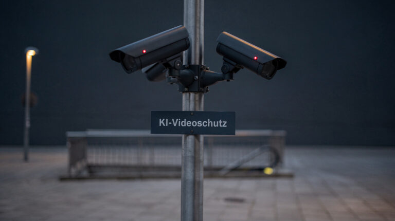Drei dunkelgraue Überwachungskameras an einem Mast über einem menschenleeren Stadtplatz in der Dämmerung, darunter ein Schild mit der Aufschrift „KI-Videoschutz“ – die KI-gestützte Videoüberwachung, die die Polizei Berlin seit September 2026 am Kottbusser Tor einsetzt.