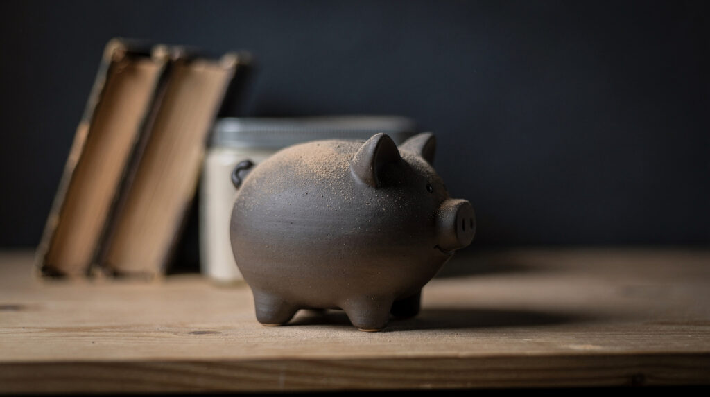 Ein mattes Sparschwein aus Keramik steht mit einer feinen Staubschicht auf einem Regalbrett zwischen abgegriffenen Büchern. Das Bild steht für private Ersparnisse, die nach Darstellung der EU-Kommission unbewegt auf Bankkonten liegen.