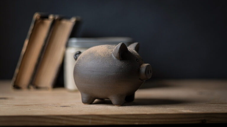 Ein mattes Sparschwein aus Keramik steht mit einer feinen Staubschicht auf einem Regalbrett zwischen abgegriffenen Büchern. Das Bild steht für private Ersparnisse, die nach Darstellung der EU-Kommission unbewegt auf Bankkonten liegen.