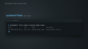 Dunkles Titelbild mit dem Schriftzug „systemd-Timer statt Cronjob" und einem Terminalfenster darunter. Darin steht der Befehl systemctl list-timers backup-home.timer und seine Ausgabe mit den Spalten NEXT, LEFT, UNIT und ACTIVATES: Do 2026-09-03 02:14, 19h left, backup-home.timer, backup-home.service. Das Bild zeigt, dass ein systemd-Timer den nächsten Ausführungszeitpunkt und den zugehörigen Dienst jederzeit abfragbar macht.