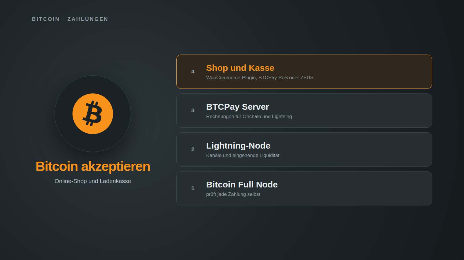 Bitcoin akzeptieren im Online-Shop und an der Ladenkasse, dargestellt als vier Schichten: oben Shop und Kasse mit WooCommerce-Plugin, BTCPay-PoS oder ZEUS, darunter der BTCPay Server für Rechnungen über Onchain und Lightning, die Lightning-Node mit Kanälen und eingehender Liquidität und zuunterst die Bitcoin Full Node.