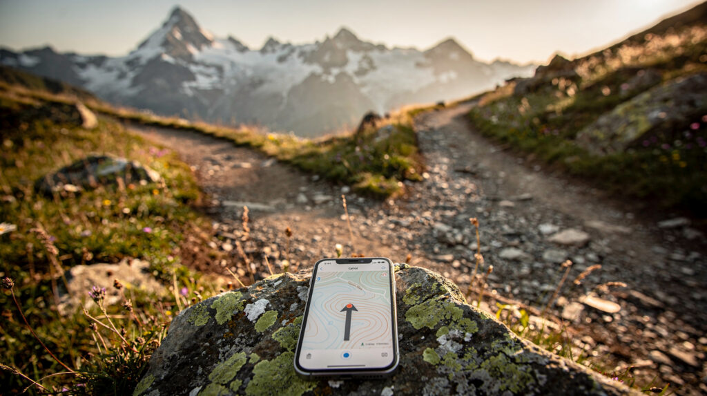 Wanderweg in den Alpen, der sich in zwei Pfade teilt, davor ein Smartphone mit Offline-Karte