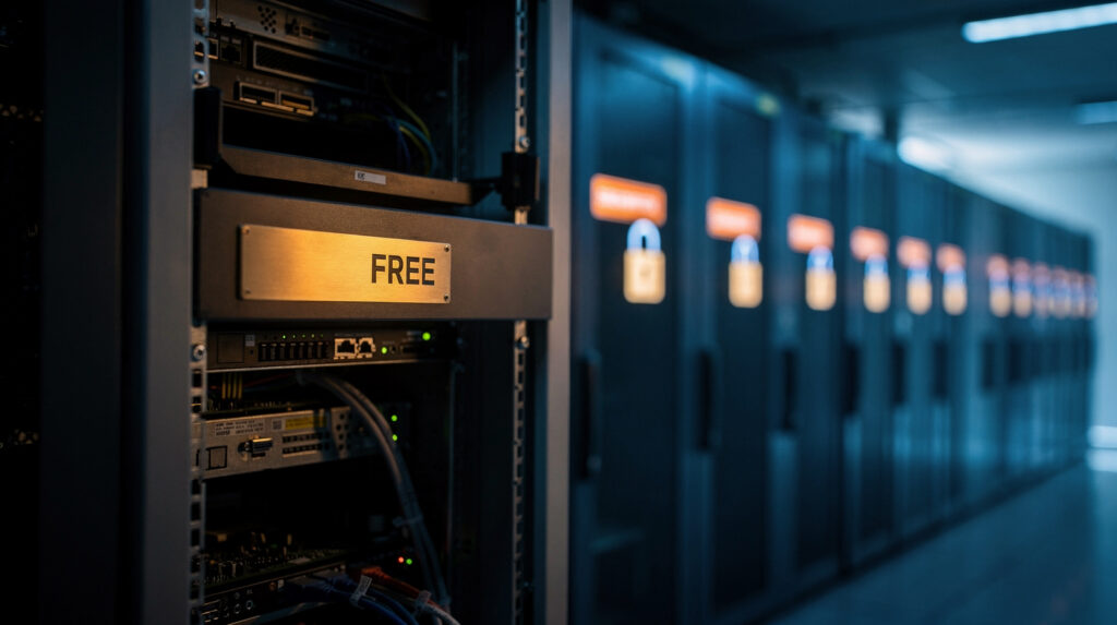 Ein einzelner offener Server mit einer Messingplakette „FREE“ steht im Vordergrund eines Rechenzentrums, dahinter eine Reihe gleichförmiger Server mit leuchtenden Abo-Plaketten und Schlössern – Sinnbild für Debian vs. Ubuntu Server: Gemeinschaftsprojekt gegen Abo-Modell.