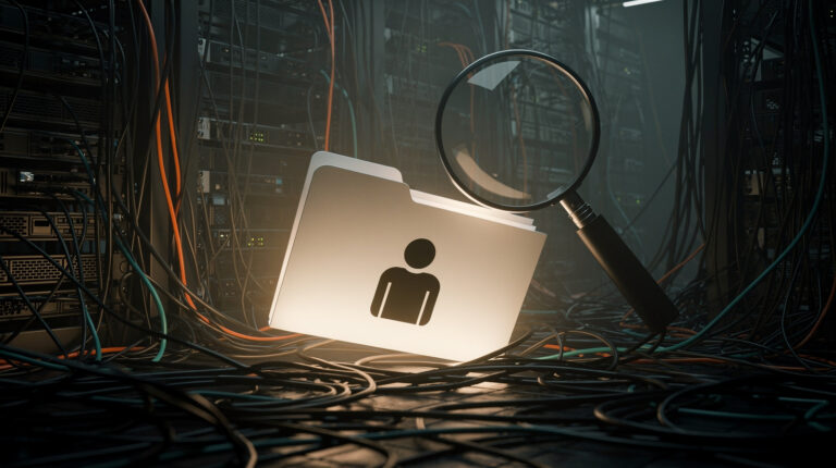 Illustration: Ein persönliches Datenprofil wird aus einem Netz von Servern und Datenleitungen gezogen