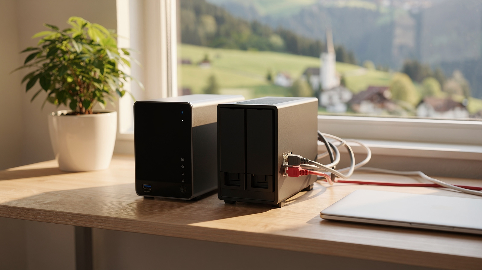 Kleiner Heimserver und NAS auf einem Holzschreibtisch in einem hellen Büro