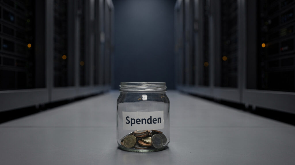 Ein kleines Glas mit wenigen Münzen und der Aufschrift «Spenden» steht am Boden vor einer hohen Reihe von Serverschränken in einem dunklen Rechenzentrum. Das Bild steht dafür, dass ein grosser Teil der Web-Infrastruktur von wenig Spendengeld getragen wird.