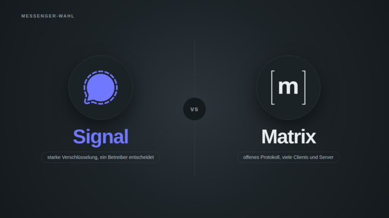 Titelbild zum Vergleich Signal oder Matrix: Links auf dunklem Grund das blaue Signal-Logo mit dem Schriftzug Signal und dem Hinweis "starke Verschlüsselung, ein Betreiber entscheidet". Rechts, durch eine senkrechte Linie mit "vs" getrennt, das Matrix-Logo in Weiss mit dem Schriftzug Matrix und dem Hinweis "offenes Protokoll, viele Clients und Server".