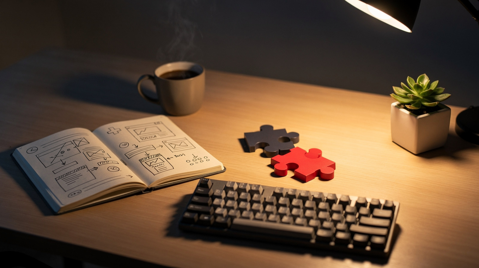 Schreibtisch mit Tastatur, Skizzenheft und ineinandergreifenden Puzzleteilen in Rot und Grau